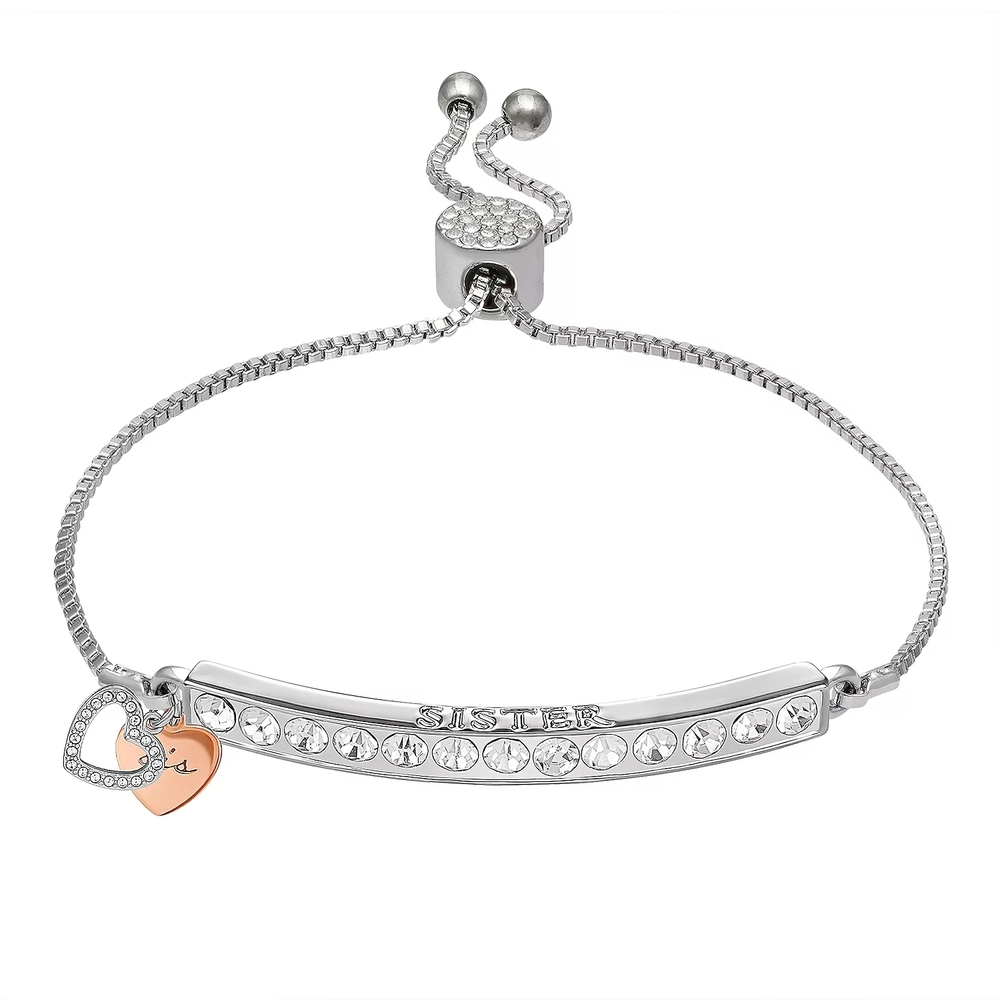 BOGO! 2 For 1!  Sister Crystal Bar Toggle Bracelet - Silver with Rose Gold Heart